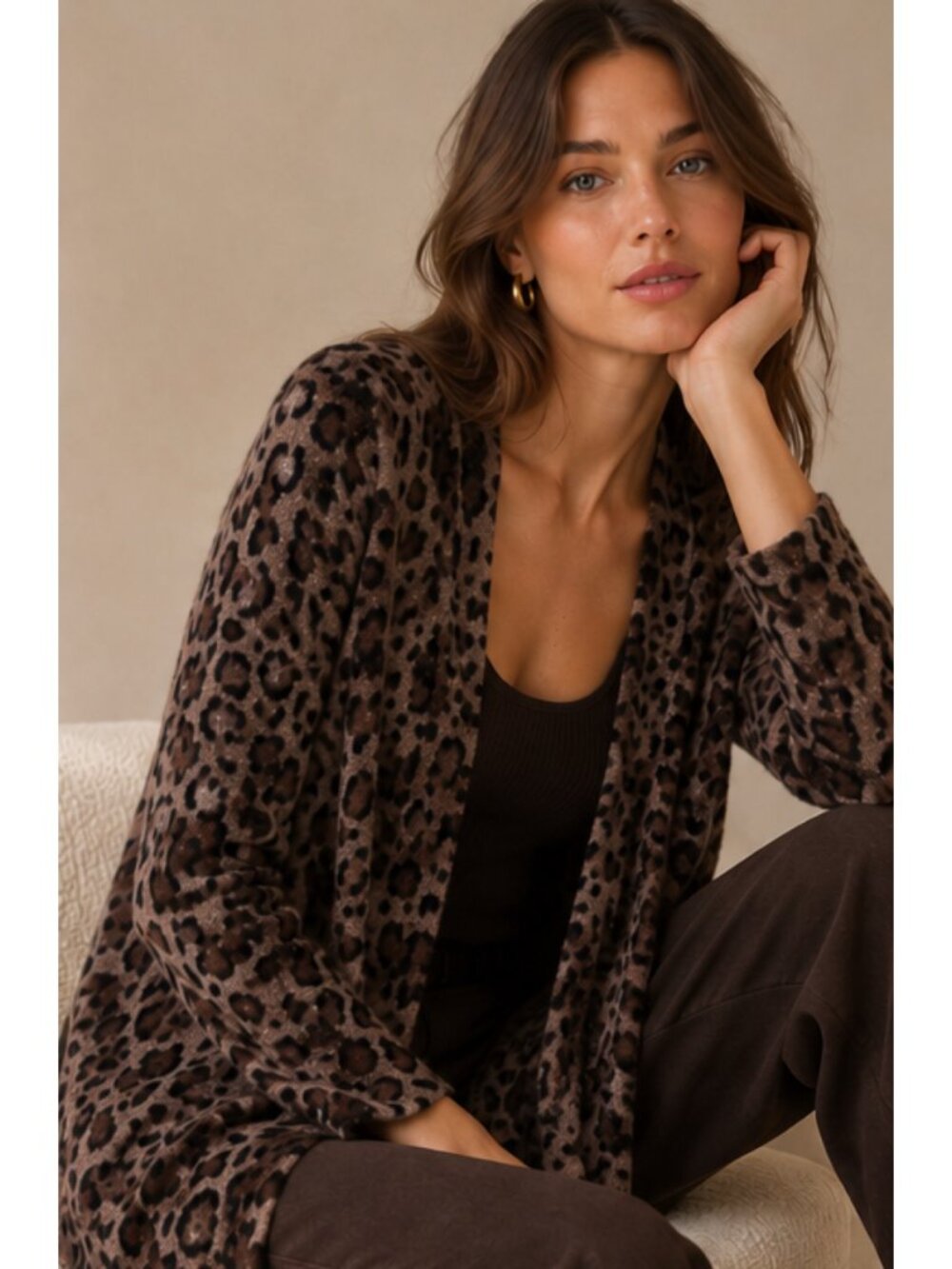 ๐ Joan Vass Leopard Print Open Front Cashmere Sweater - Picture 3 of 9